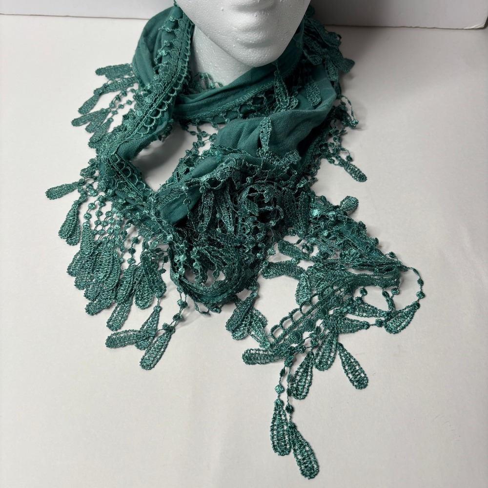 Teal Green Linen Blend Scarf Crochet Lace Trim Leaf Accents Boho Fairy Core